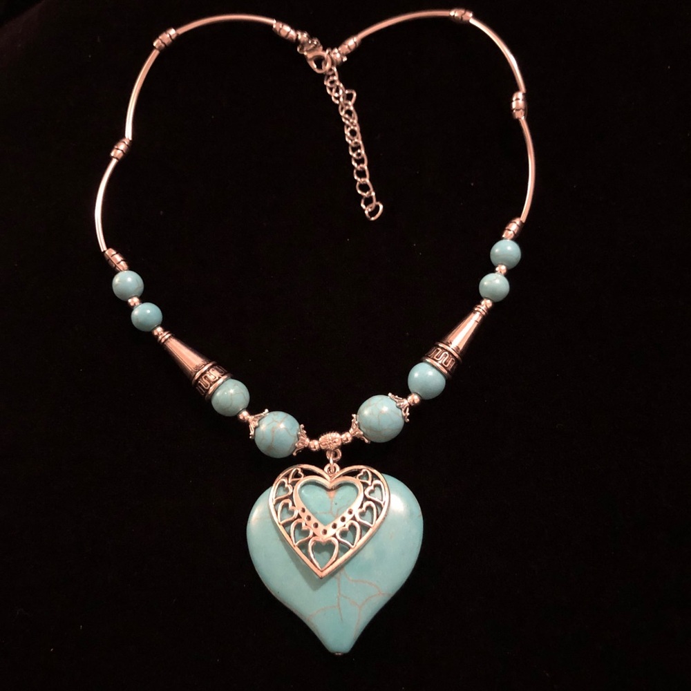 Faux Turquoise and Silver Tone Heart Pendant Necklace